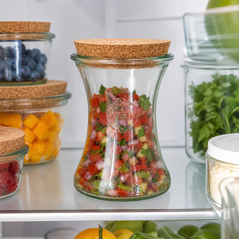 WECK Delikatessenglas 370ml RR80 mit Korkdeckel gefüllt mit frischem Salsa im Kühlschrank neben anderen Vorratsgläsern
