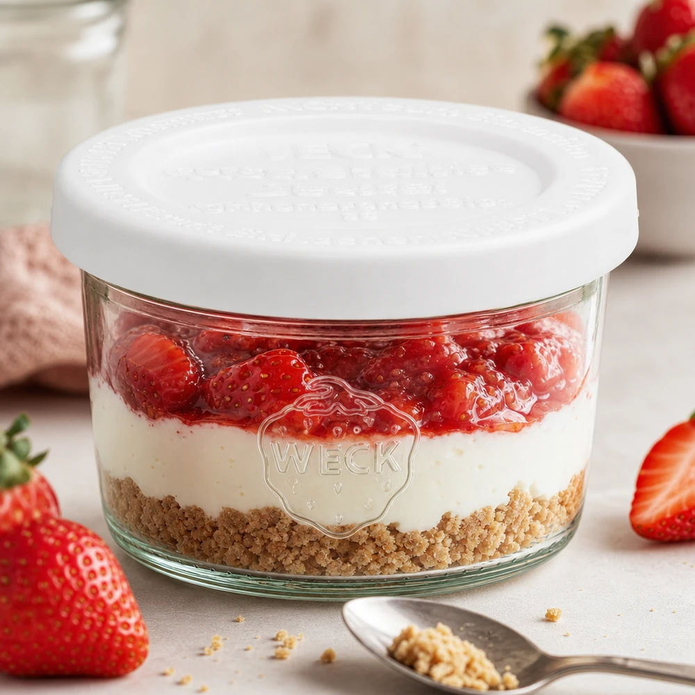 80ml Sturzglas mit Frischedeckel WECK RR60 WECK 80ml Sturzglas RR60 mit Erdbeer-Dessert und Keksboden als Schichtdessert zwischen frischen Erdbeeren und Löffel