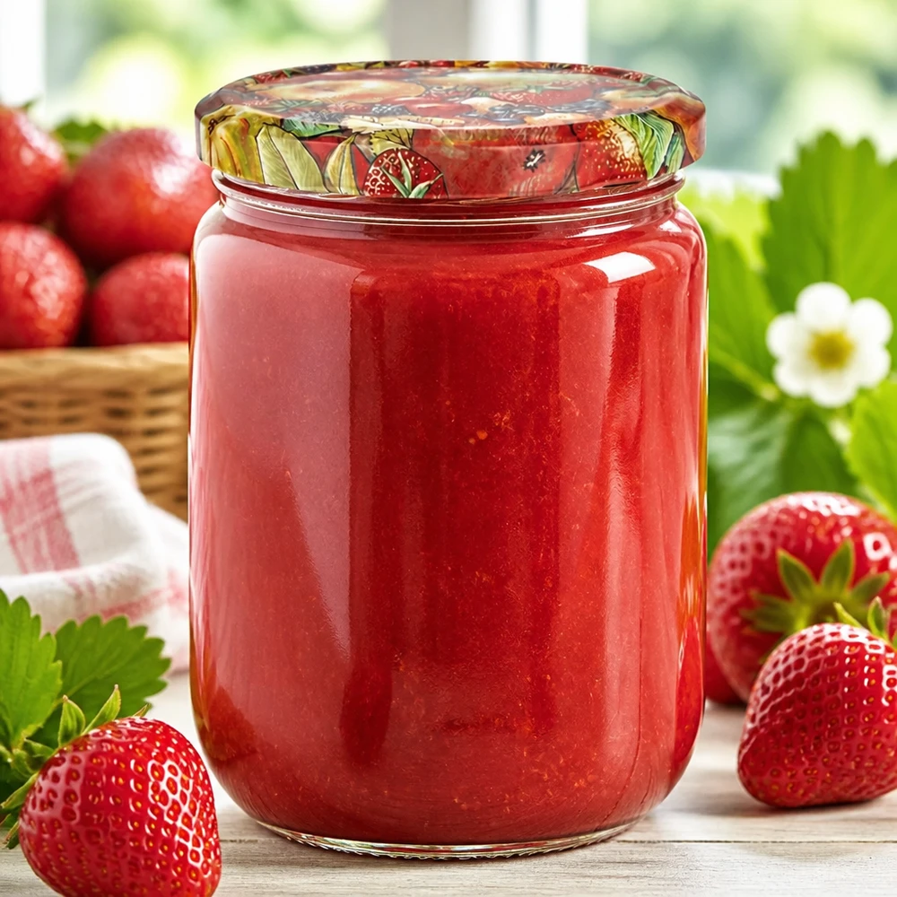 555ml Rundglas + BasicSeal Deckel Obst-Dekor UNiTWIST Einkochen mit dem 555ml UNiTWIST Rundglas BasicSeal Obstdeckel Erdbeermarmelade pur