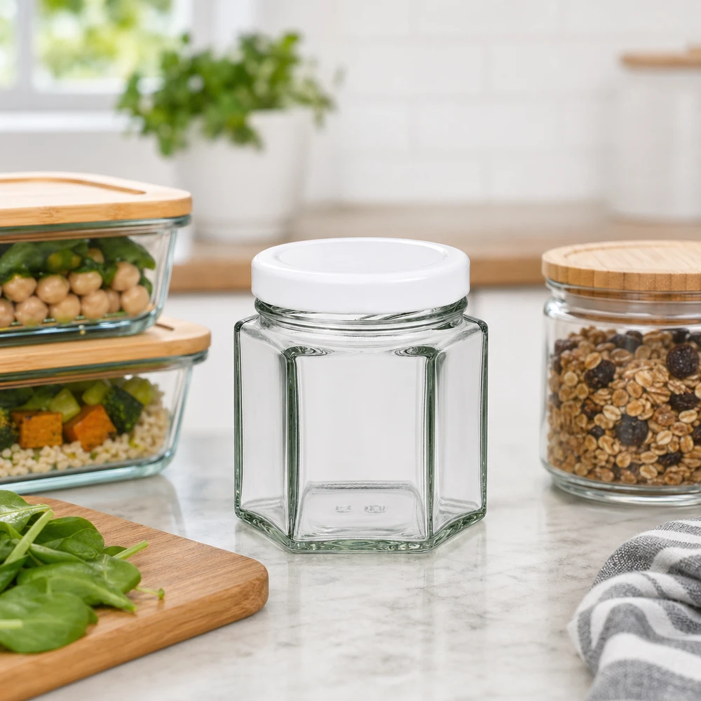 Leeres 47ml Hexaglas mit weißem BasicSeal Deckel zwischen gefüllten Vorratsgläsern in moderner Küche