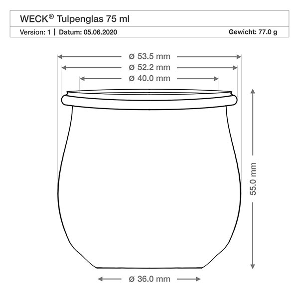 75ml Tulpenglas komplett WECK RR40 Technische Zeichnung WECK Tulpenglas 75ml RR40 mit Maßangaben Durchmesser Höhe Gewicht Produktspezifikation
