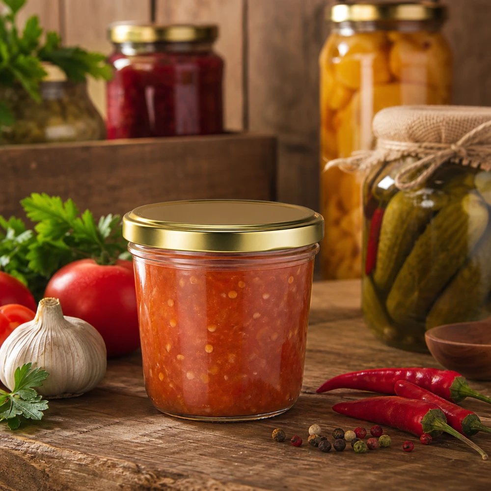 230ml Sturzglas mit BasicSeal Deckel gold UNiTWIST 230ml Sturzglas mit goldenem Deckel gefüllt mit Tomatenrelish umgeben von frischen Zutaten und Gewürzen