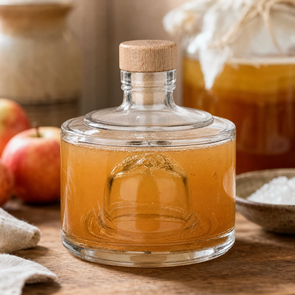 200ml Glasflasche Barbara mit Apfelessig gefüllt neben roten Äpfeln rustikale Küchendekoration Essig Aufbewahrung