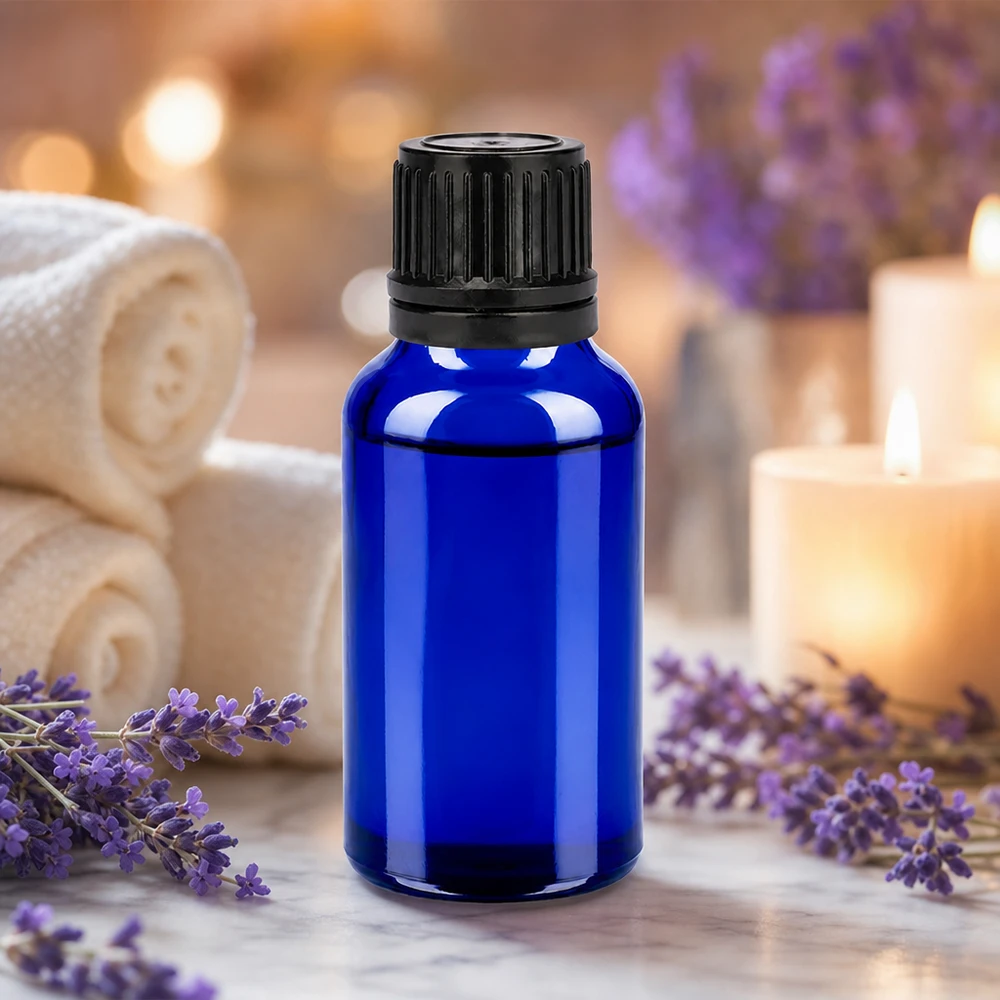 20ml Blauglas Tropfflasche mit schwarzem Schraubverschluss für professionelle Aromatherapie