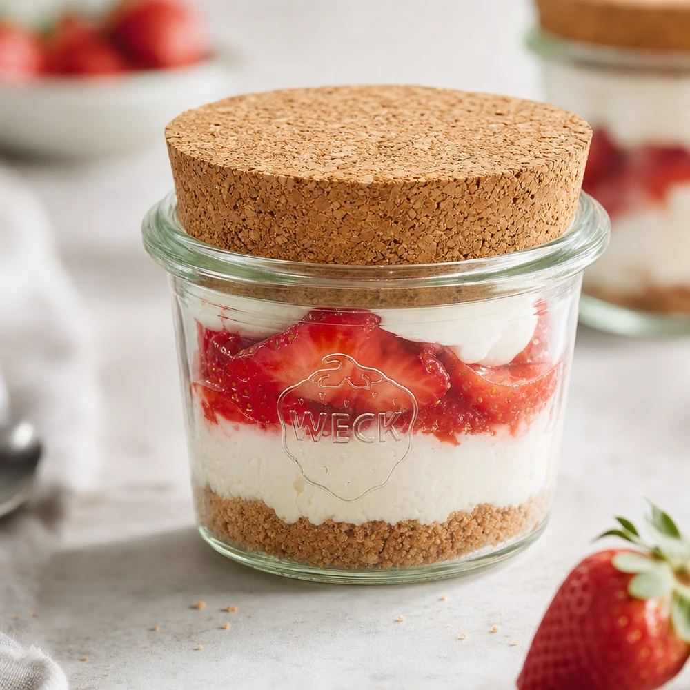 WECK Sturzglas RR40 35ml mit Korken gefüllt mit Erdbeer-Sahne-Dessert als Portionsglas für süße Nachspeisen