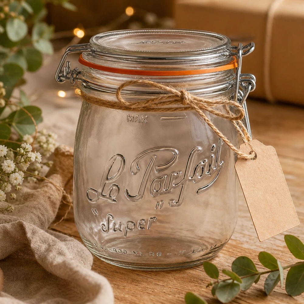 750ml Le Parfait Vorratsglas Super mit Bügelverschluss und Geschenkanhänger auf Holztisch mit Dekoration
