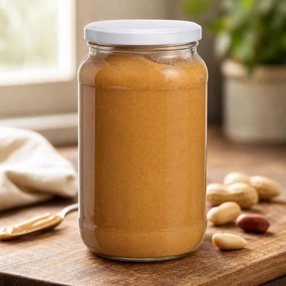 1062ml Rundglas mit BasicSeal Deckel gefüllt mit Erdnussbutter auf Holzbrett mit Erdnüssen Vorratsglas Küche