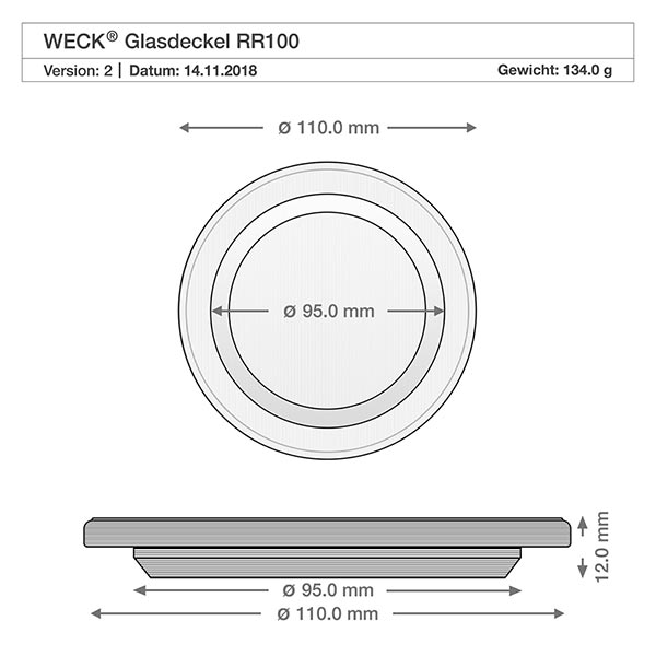1062ml Tulpenglas mit Glasdeckel WECK RR100 WECK Glasdeckel RR100 technische Zeichnung Maße 110mm Durchmesser 95mm Innenmaß 12mm Höhe Ersatzteil Zylinderglas