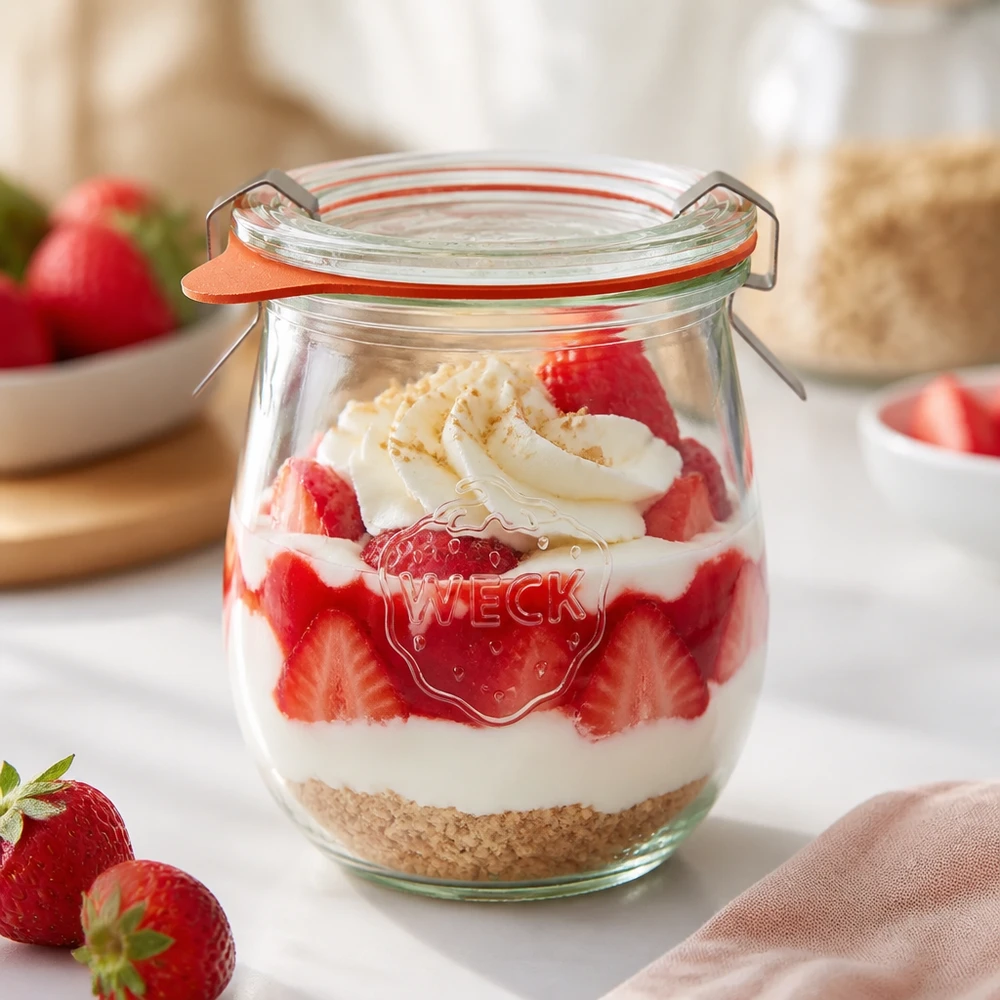 220ml Tulpenglas komplett WECK RR60 WECK Tulpenglas 220ml RR60 mit Erdbeerdessert Schichtdessert Joghurt und Keksboden als Dessertglas verwendet