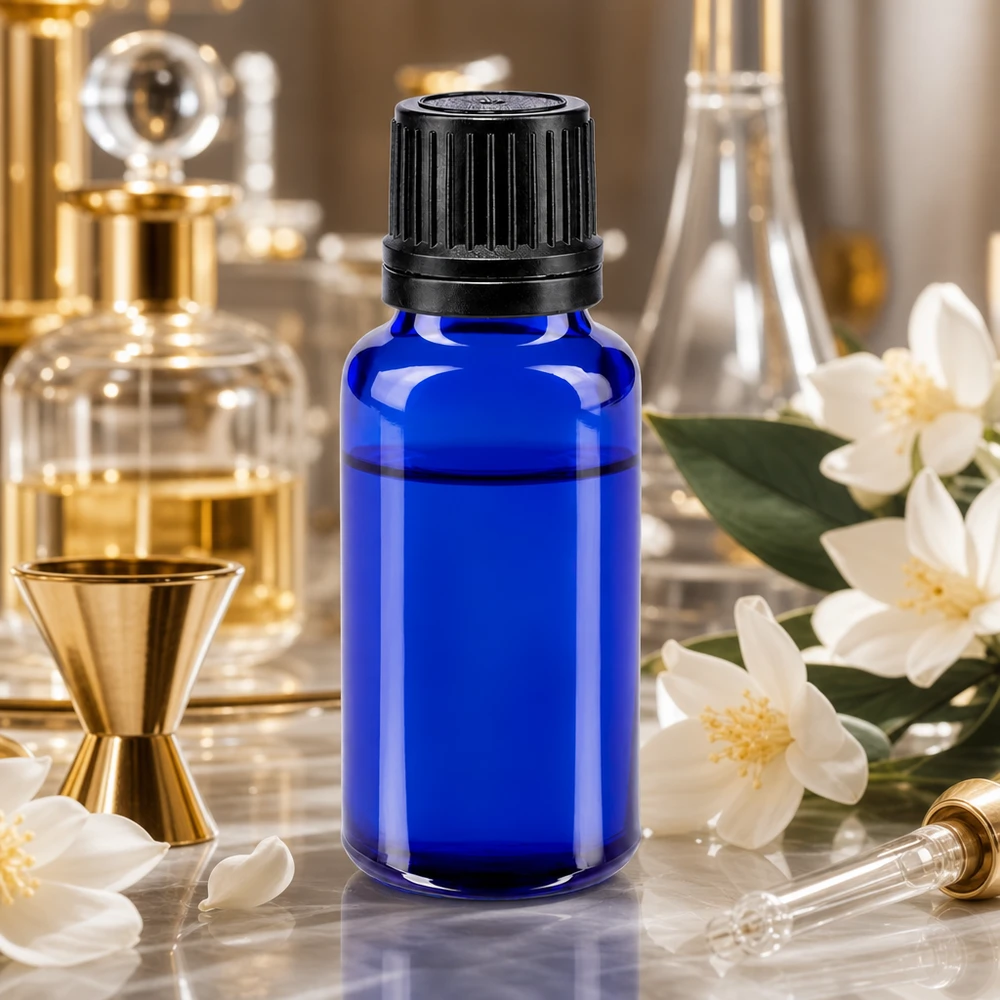 Kompakte kobaltblaue 20ml Flasche mit UV-Schutzglas und schwarzem OV für ätherische Öle