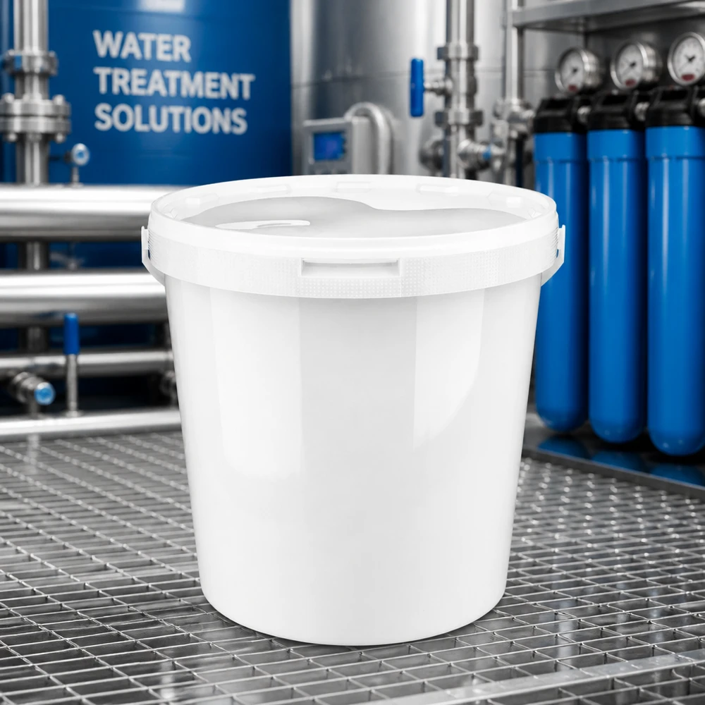 Eimer 10.7L aus weißem Kunststoff Polypropylen mit Deckel Weißer PP Eimer 10,7 Liter mit Originalitätsverschluss für industrielle Wasserchemie