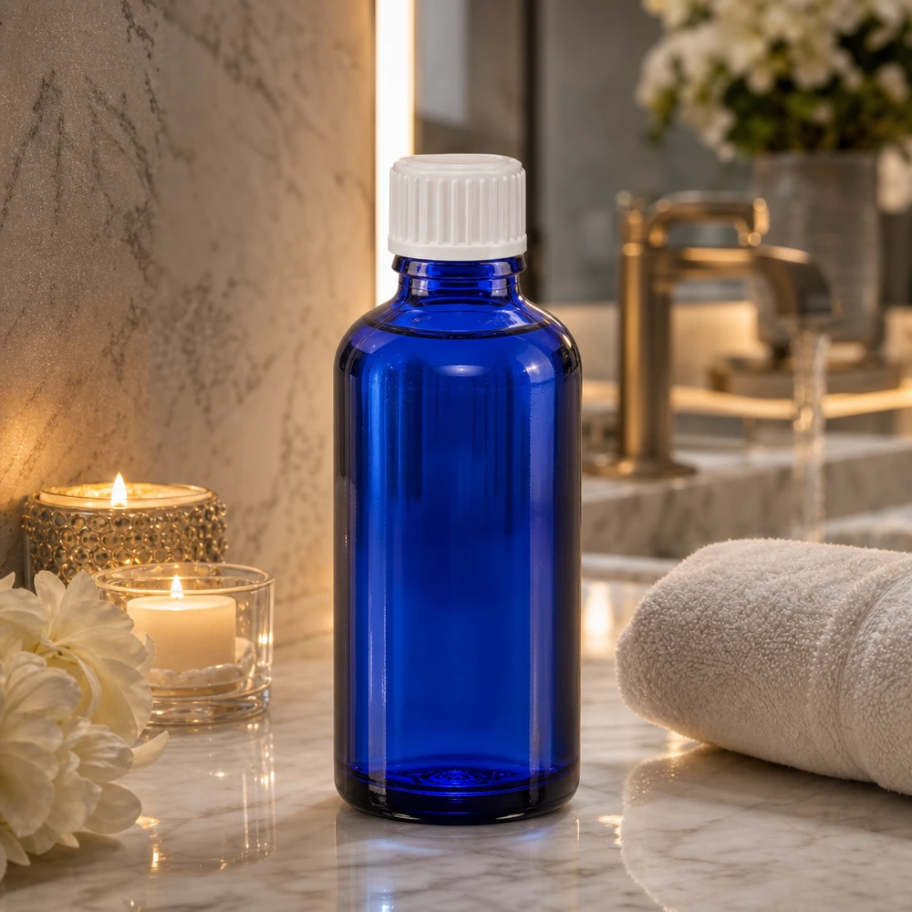 Apothekenflasche blau 50ml Tropfverschluss weiß 0.8mm Standard Hochwertige 50ml Tropfflasche Blauglas mit weißem Dosierverschluss für Kosmetik und Pharmazie