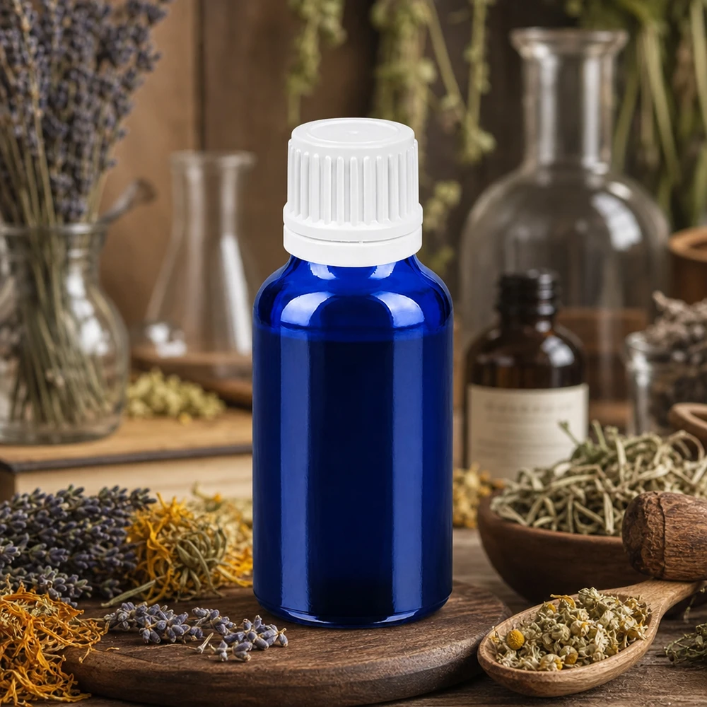 20ml Flasche 11mm Schraubverschluss weiß Originalitätsverschluss BlueLine UT18/20 Vielseitige blaue 20ml Glasflasche mit weißem Deckel für Naturkosmetik und Heilpflanzenextrakte