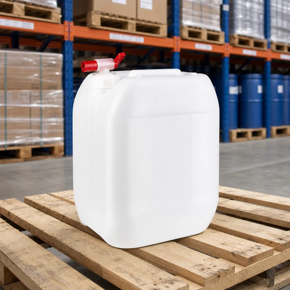 Quaderförmiger Industriekanister 10L mit integriertem Ablasshahn für sichere Chemikalienlagerung