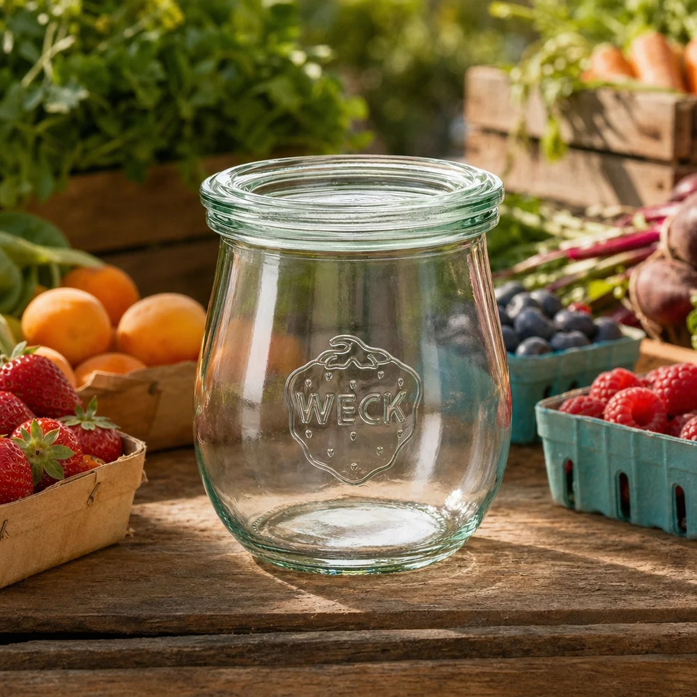 WECK Tulpenglas 220ml RR60 leer auf Holztisch umgeben von frischem Obst und Gemüse in natürlicher Gartenumgebung