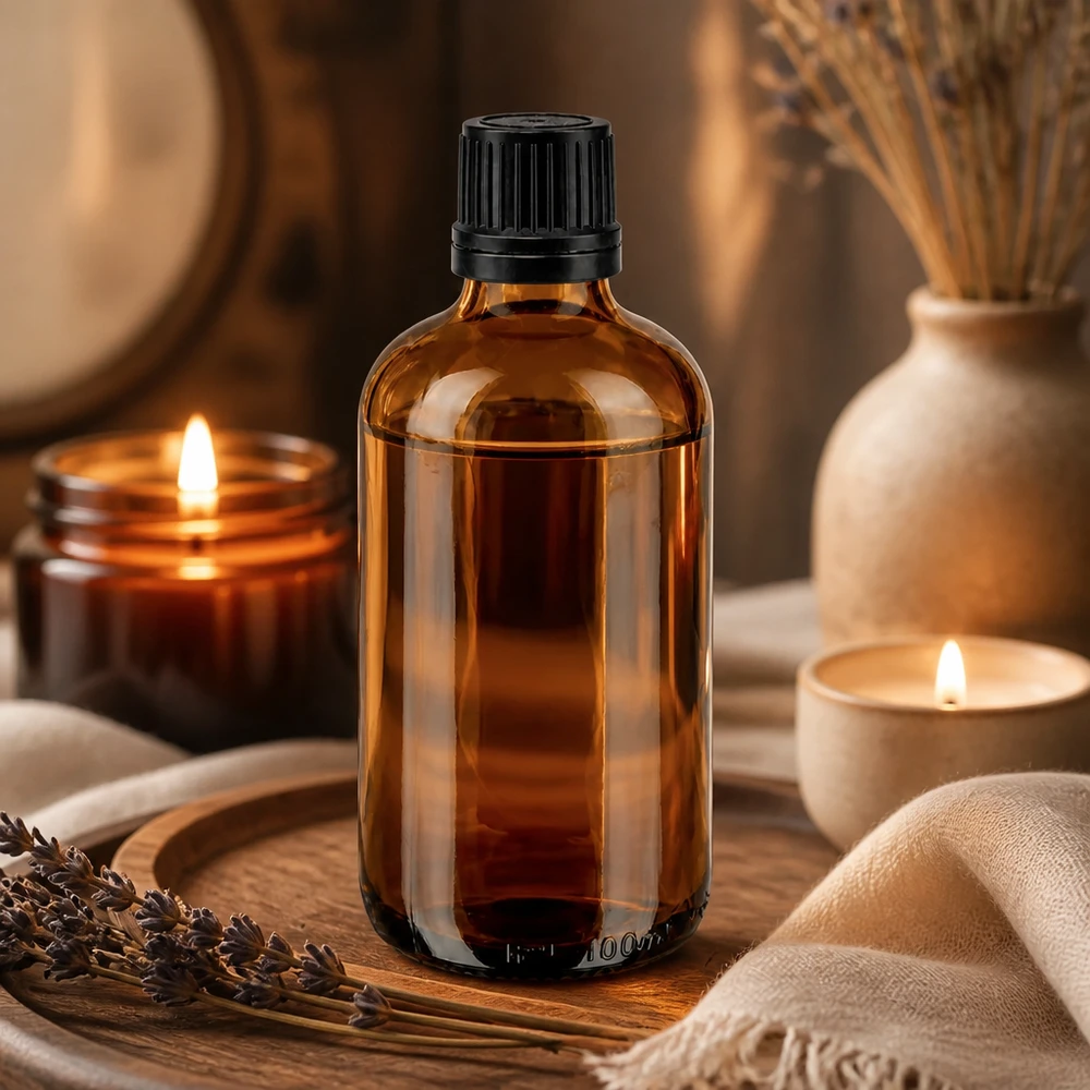 Hochwertige 100ml Braunglas Flasche mit Tropfeinsatz neben Kerzen und Lavendel