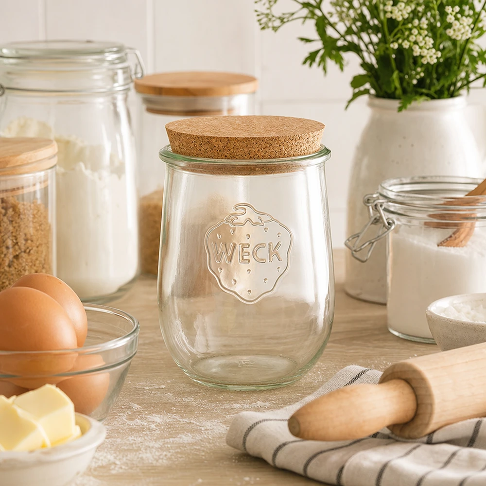1062ml Tulpenglas WECK RR100 mit Korken natur WECK Tulpenglas RR100 1062ml mit Korken in gemütlicher Backküche neben Mehl Eiern und Backzutaten Vorratshaltung