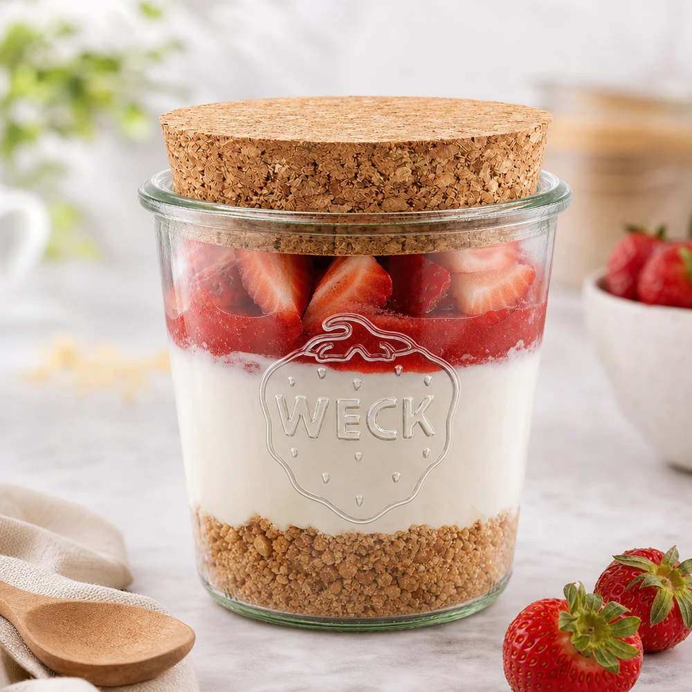 WECK Glas 580ml RR100 mit Korken als Dessertglas für Erdbeeren Joghurt Müsli stylisch arrangiert auf weißem Tisch