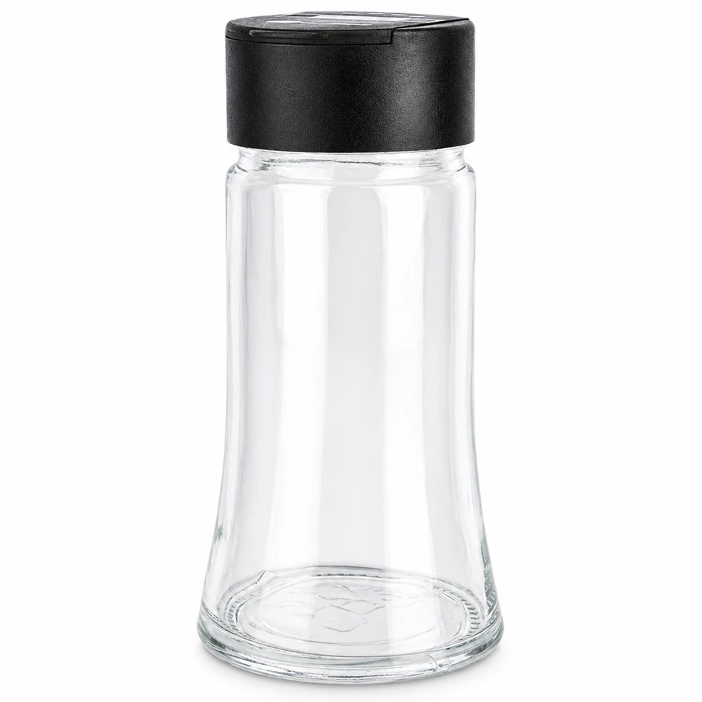 Salz-/Gewürzglas 95ml mit Doppelstreuer schwarz Konisch geformtes Salz- und Gewürzglas 95ml mit praktischem schwarzen Doppelstreuer-Aufsatz