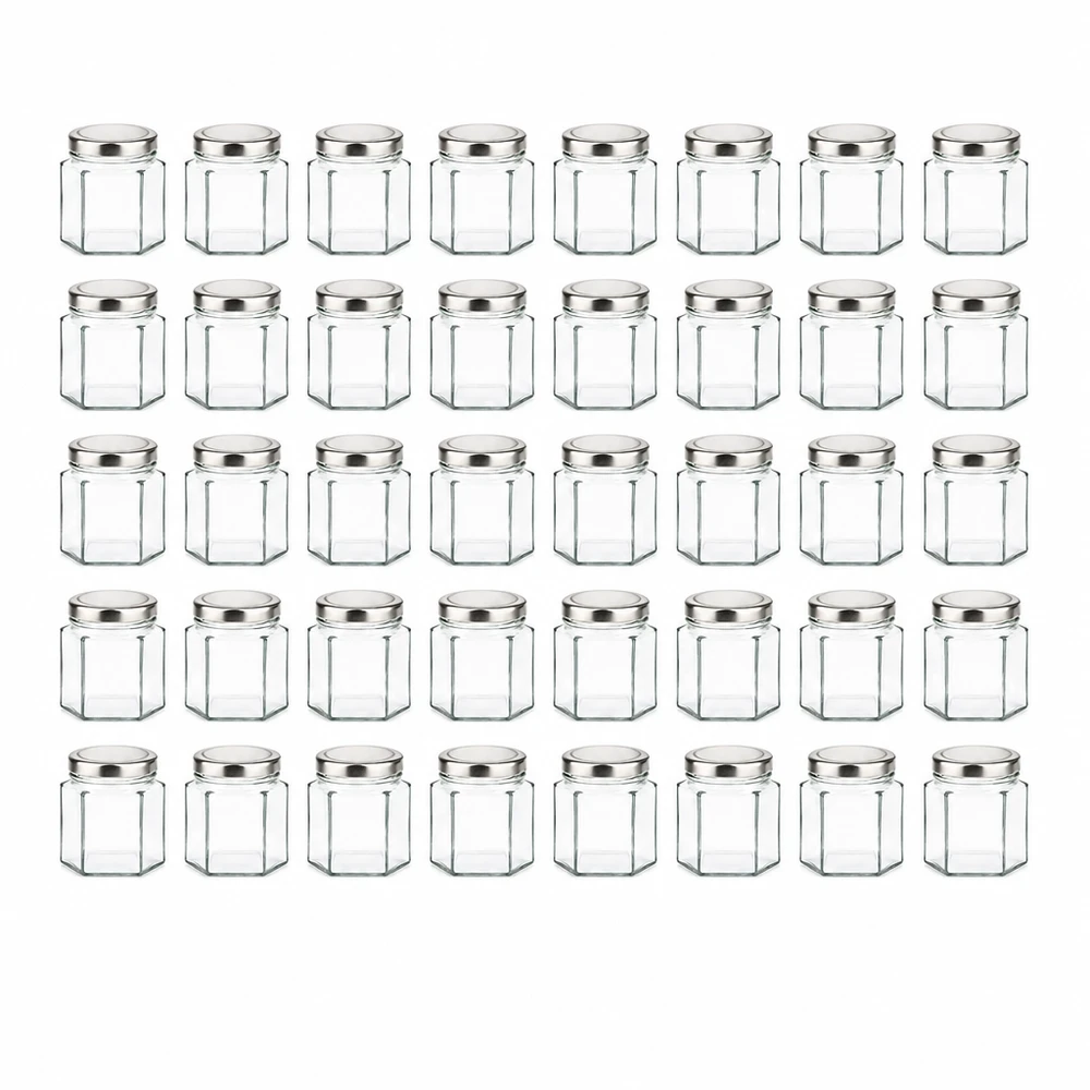 47ml Hexaglas 48er-Set mit Deckel (Deckelfarbe: silber) UNiTWIST UNiTWIST 47ml Sechskantgläser 48er-Packung Vorratsgläser Marmeladengläser silberner Deckel