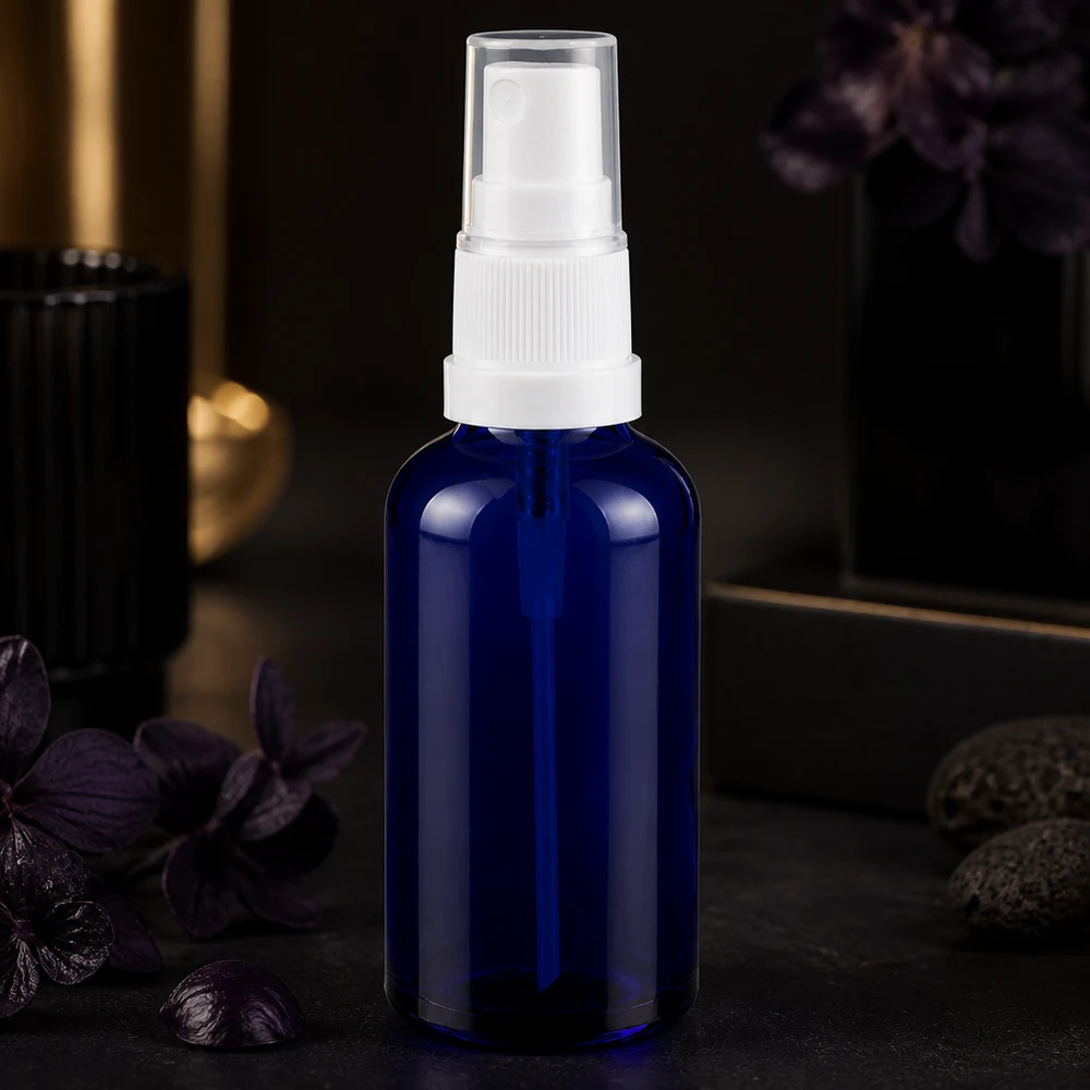 Vielseitige blaue Glasflasche 50ml mit Sprühaufsatz für DIY-Kosmetik und Aromamischungen