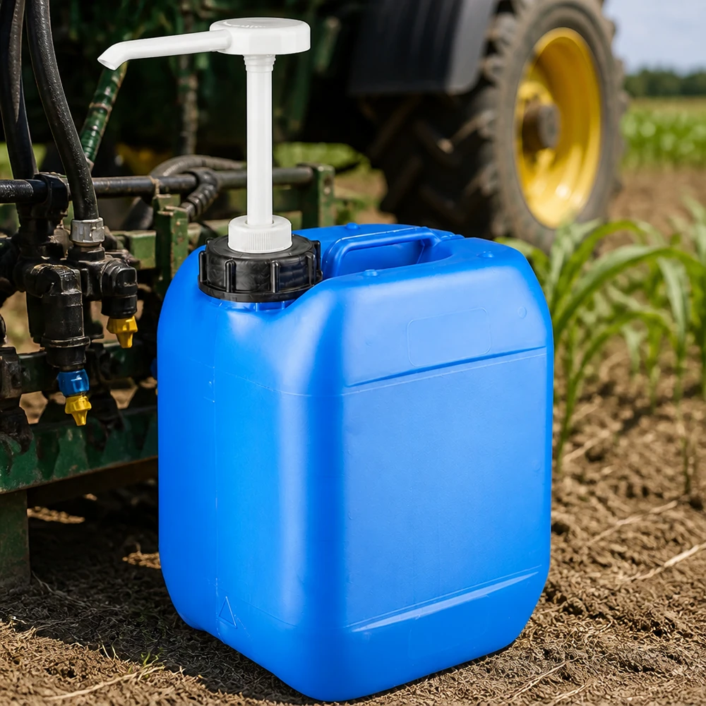 Kanister 5 Liter blau mit Dosierpumpe Kanister 5 Liter mit schwarzem Schraubverschluss und Pumpe bei landwirtschaftlicher Maschine