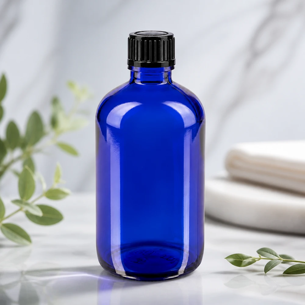 Apothekenflasche blau 100ml Tropfverschluss 1mm schwarz Standard Blaue 100ml Flasche aus Apothekerglas mit schwarzem Schraubdeckel und 1mm Präzisionstropfer