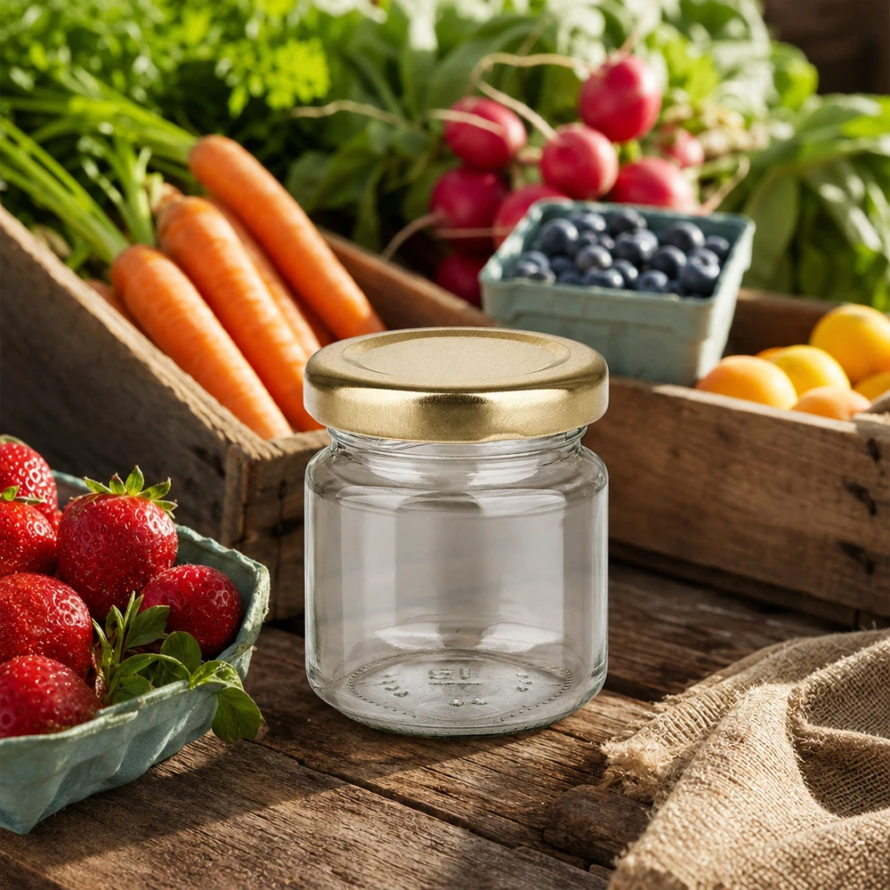 53ml Rundglas UNiTWIST mit goldenem BasicSeal Deckel auf Holztisch umgeben von frischen Früchten und Gemüse