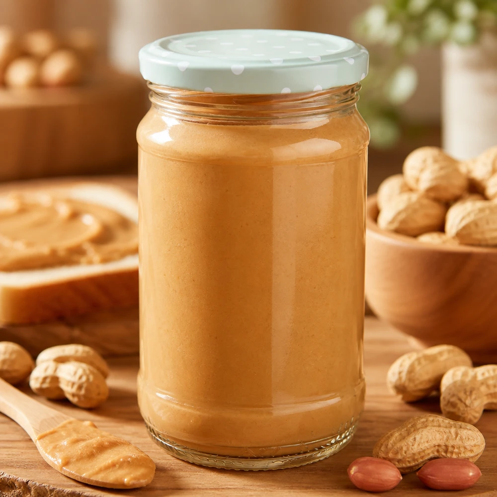 UNiTWIST Vorratsglas 370ml mit cremiger Erdnussbutter und dekorativem mint BasicSeal Punktedeckel