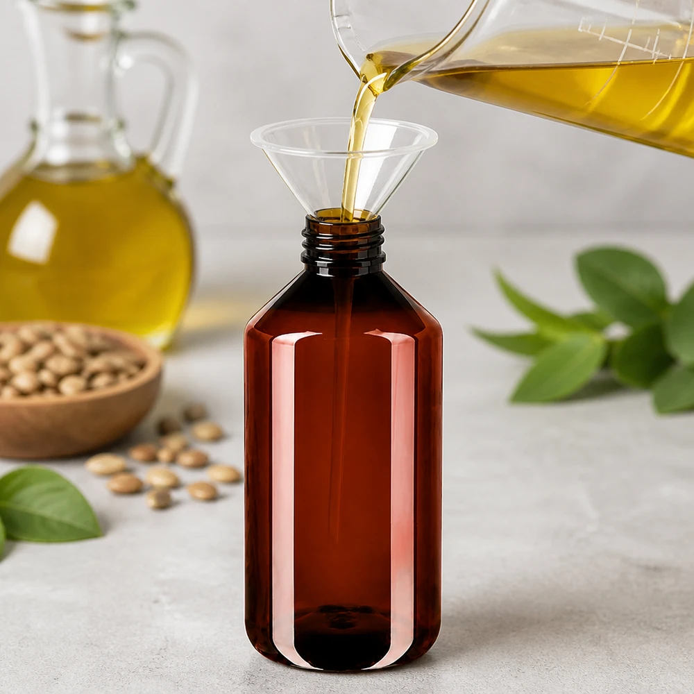 Nachfüllbare PET Ölflasche 750ml mit Trichter und grünem Sicherheitsverschluss in der Anwendung