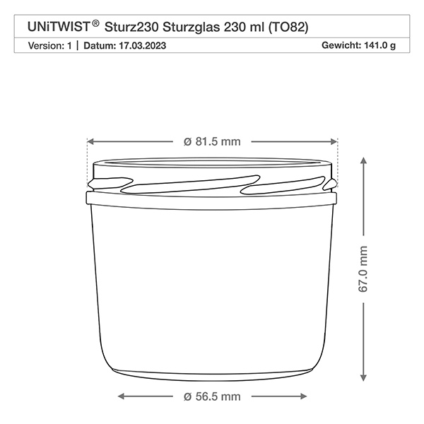 230ml Sturzglas + BasicSeal Deckel Bienenwabe UNiTWIST Technische Zeichnung 230ml Sturzglas mit Maßangaben und Produktdetails für präzise Größenvorstellung