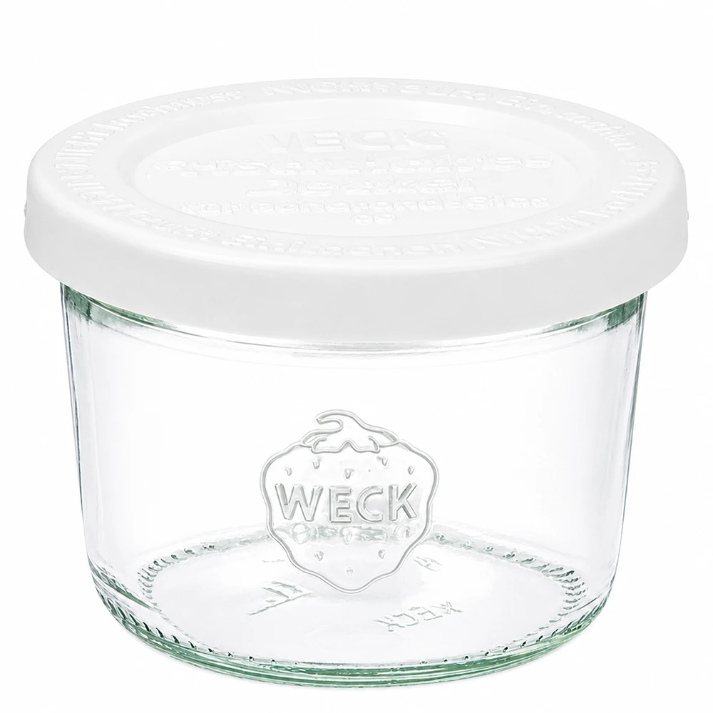 80ml Sturzglas mit Frischedeckel WECK RR60 80ml WECK Sturzglas mit weißem Frischedeckel RR60 aus klarem Glas mit WECK Logo für Einmachen und Aufbewahrung