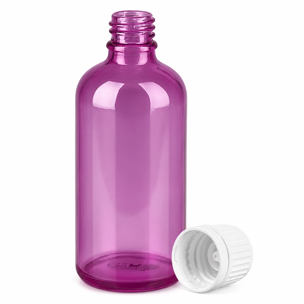 Elegante purpurfarbene Glasflasche mit gerilltem weissen Deckel perfekt für Laboranwendungen