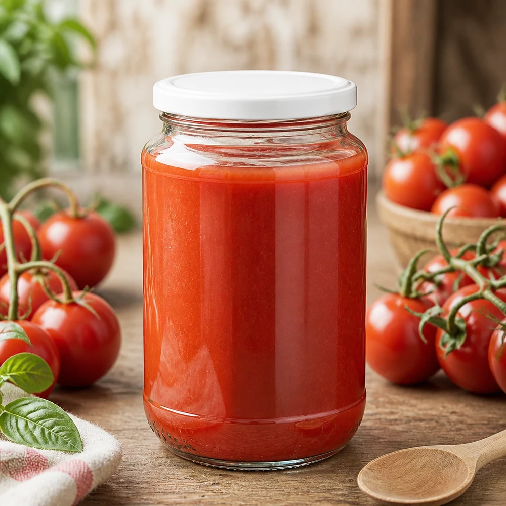 Befülltes 320ml UNiTWIST Rundglas mit BasicSeal Deckel für die Vorratshaltung von Tomatensauce