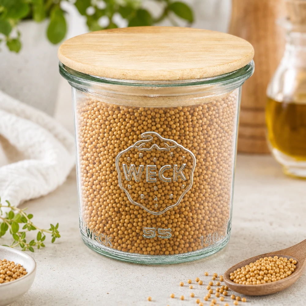 140ml Sturzglas WECK RR60 mit Holzdeckel WECK Sturzglas 140ml RR60 mit Sojabohnen gefüllt zeigt vielseitige Verwendung für Hülsenfrüchte und Gewürze