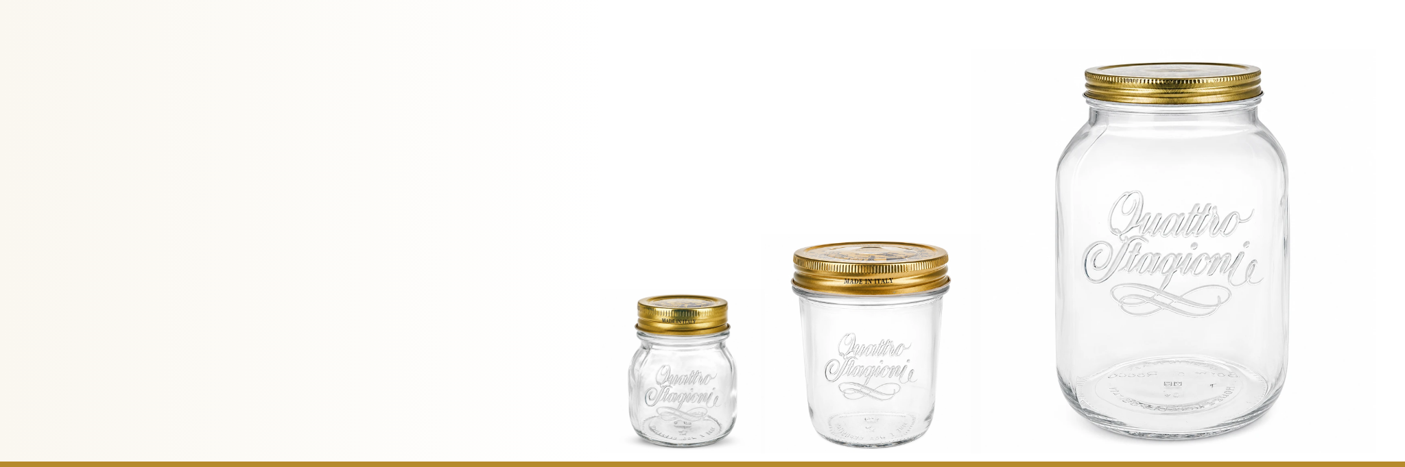 Quattro-Stagioni-Originalprodukte mit 150 ml, 320 ml und 3.000 ml, jeweils mit goldenem Deckel