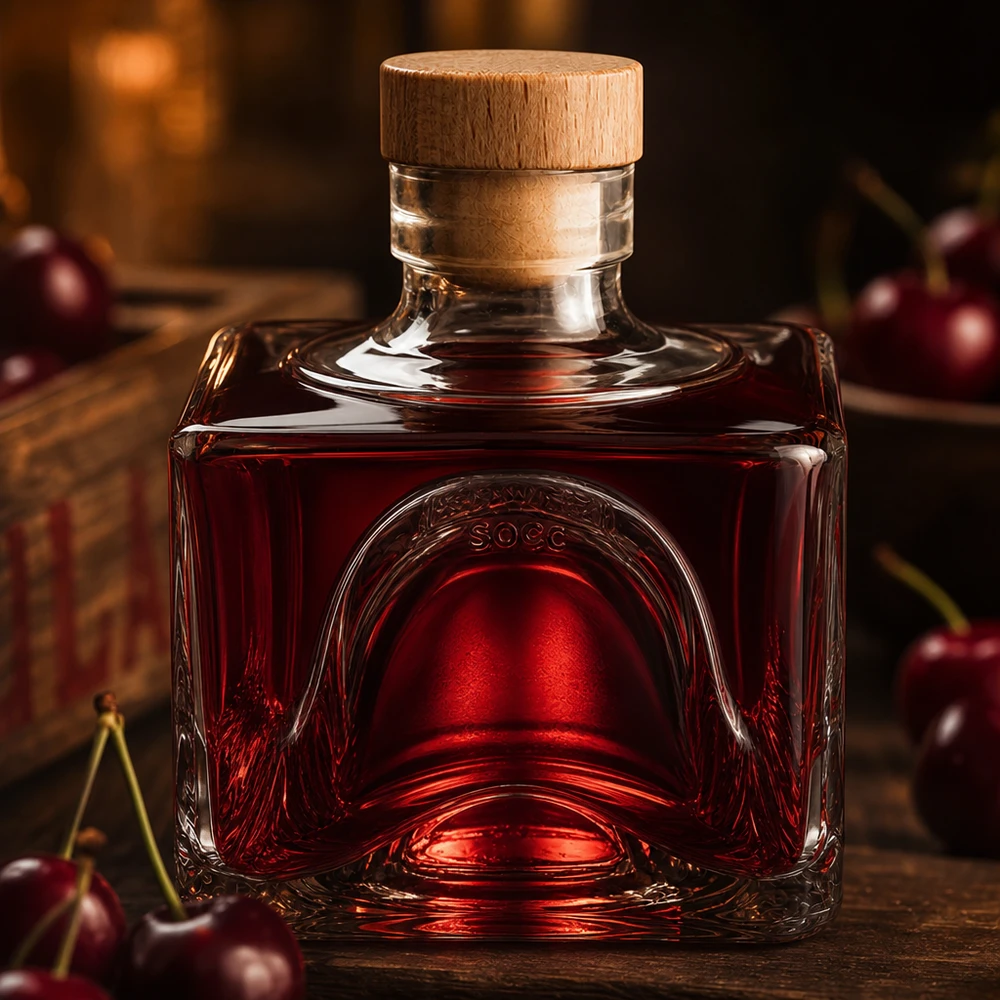 200ml Glasflasche "Bob" mit Holzgriff-Korken UNiTWIST 200ml Glasflasche Bob mit rotem Kirschlikör gefüllt, Holzkorken-Verschluss, dekorative Anordnung mit frischen Kirschen