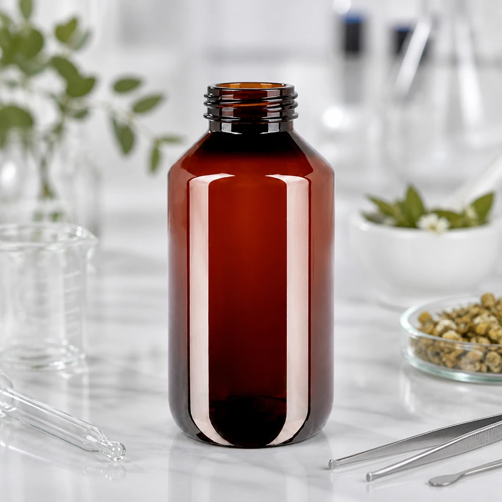 Kompakte PET Flasche 200ml braun mit weißem OV für Naturheilmittel und Pflanzenstoffe