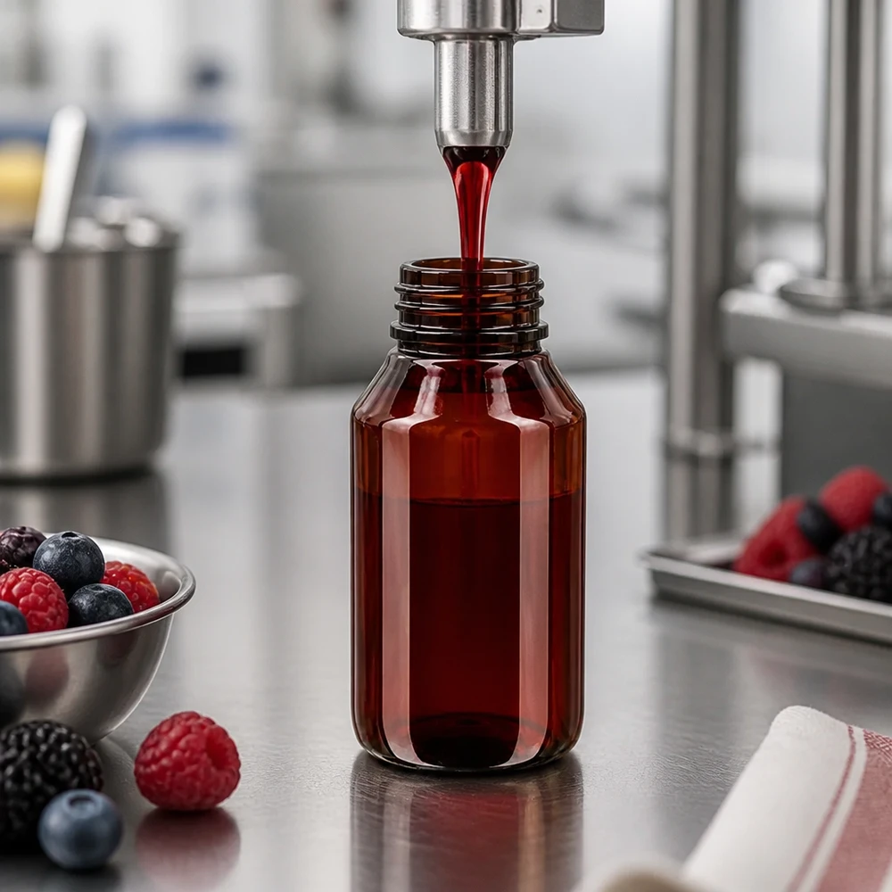 50ml PET Flasche mit grünem Verschluss geeignet für Himbeer- und Blaubeerextrakte im Einsatz