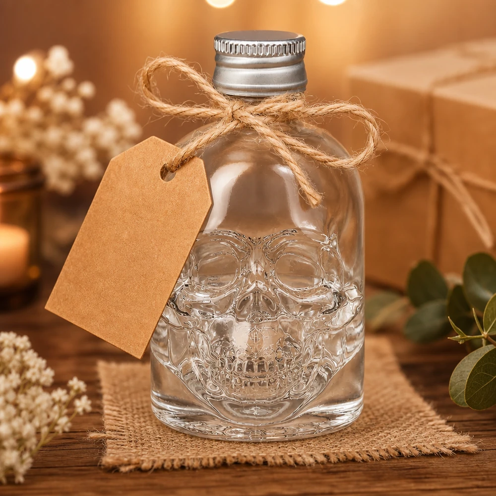 50ml Glasflasche "Hector" + Schraubverschluss silber UNiTWIS 50ml Glasflasche Hector mit Totenkopf-Prägung als Geschenk mit Jute-Schleife und Kraftpapier-Anhänger dekoriert