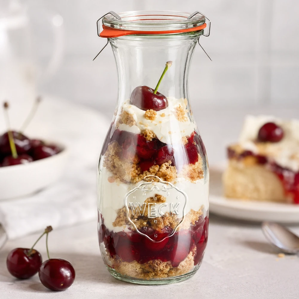 530ml Saftflasche komplett WECK RR60 WECK 530ml Saftflasche RR60 als Dessertglas mit Kirsch-Schichtdessert und Sahne gefüllt neben frischen Kirschen