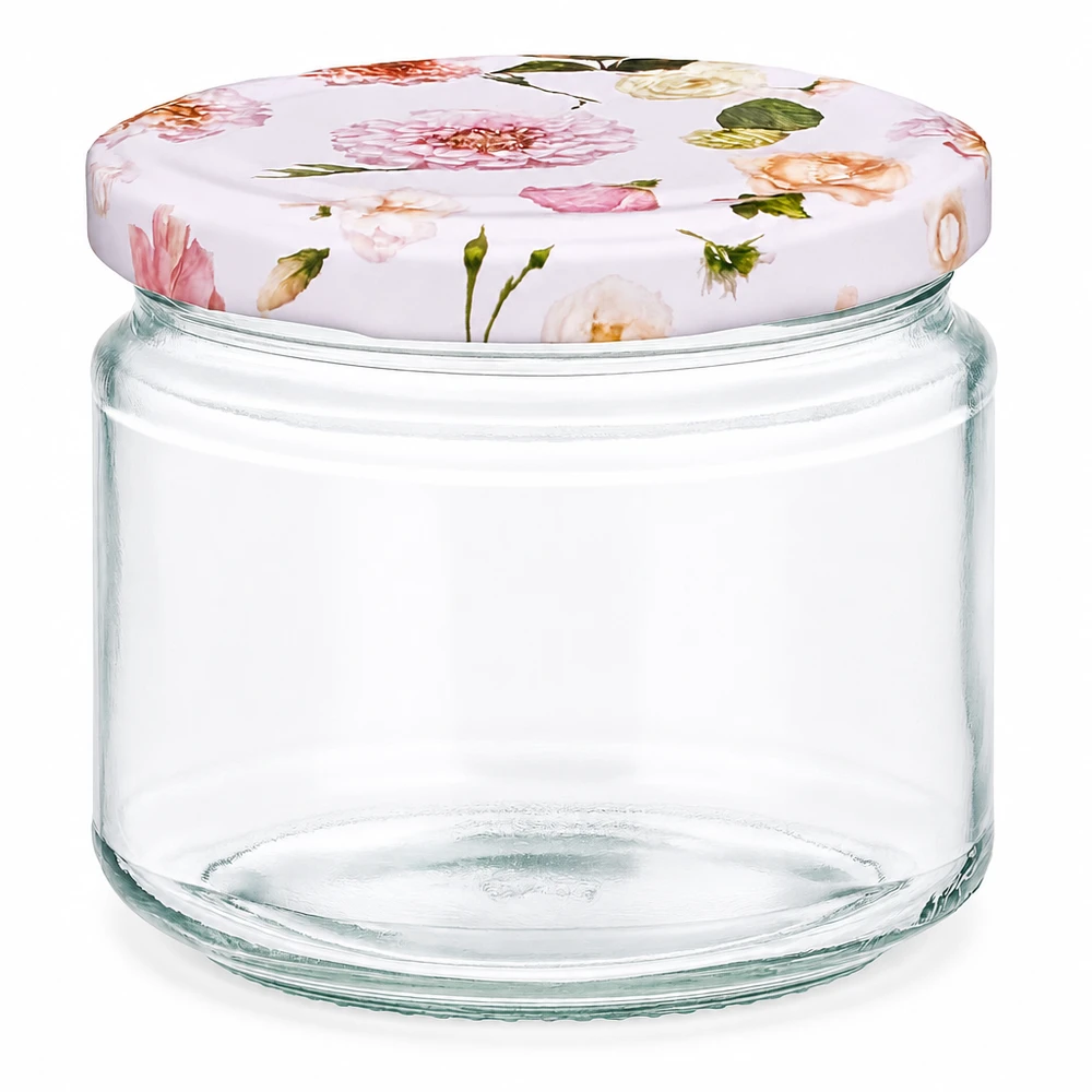 330ml Rundglas mit rosa Blumen Deckel BasicSeal Verschluss Einmachglas Vorratsglas transparent