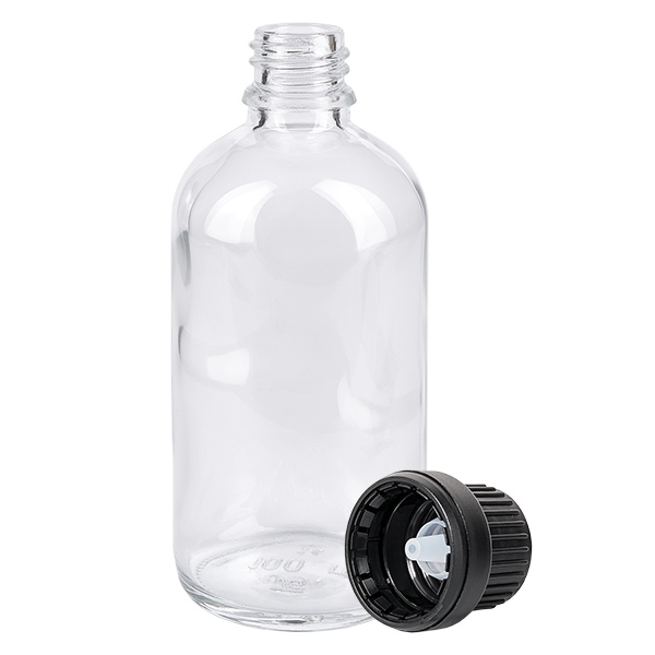 100ml Tropfflasche 2mm schwarz Originalitätsverschluss ClearLine UT18/100 100ml Dosierungsflasche Klarglas schwarzer Verschluss mit weißem Tropfeinsatz 2mm