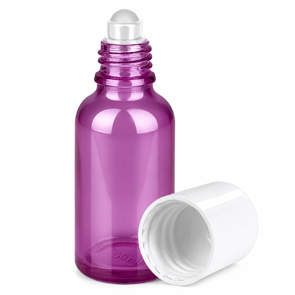 30ml Roll-On Flasche aus lila getöntem Glas mit weißem Gewinde für nachfüllbare Nutzung