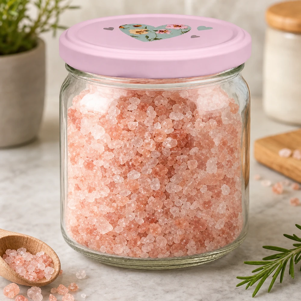 408ml Rundglas mit rosa Herz-Deckel gefüllt mit Himalaya-Salz als dekorative Aufbewahrung in moderner Küche