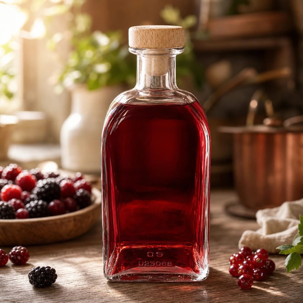 500ml Glasflasche "Julia" mit Holzgriff-Korken UNiTWIST 500ml Glasflasche Julia mit Holzkorken gefüllt mit rotem Beerenlikör auf Holztisch mit Brombeeren und Johannisbeeren