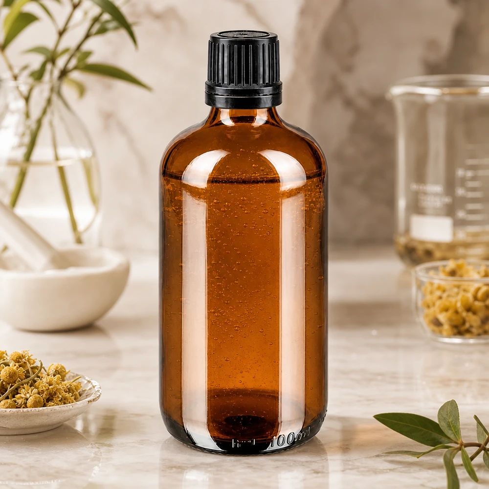 100ml Braunglasflasche für ätherische Öle mit Becherglas und getrockneten Kräutern im Hintergrund