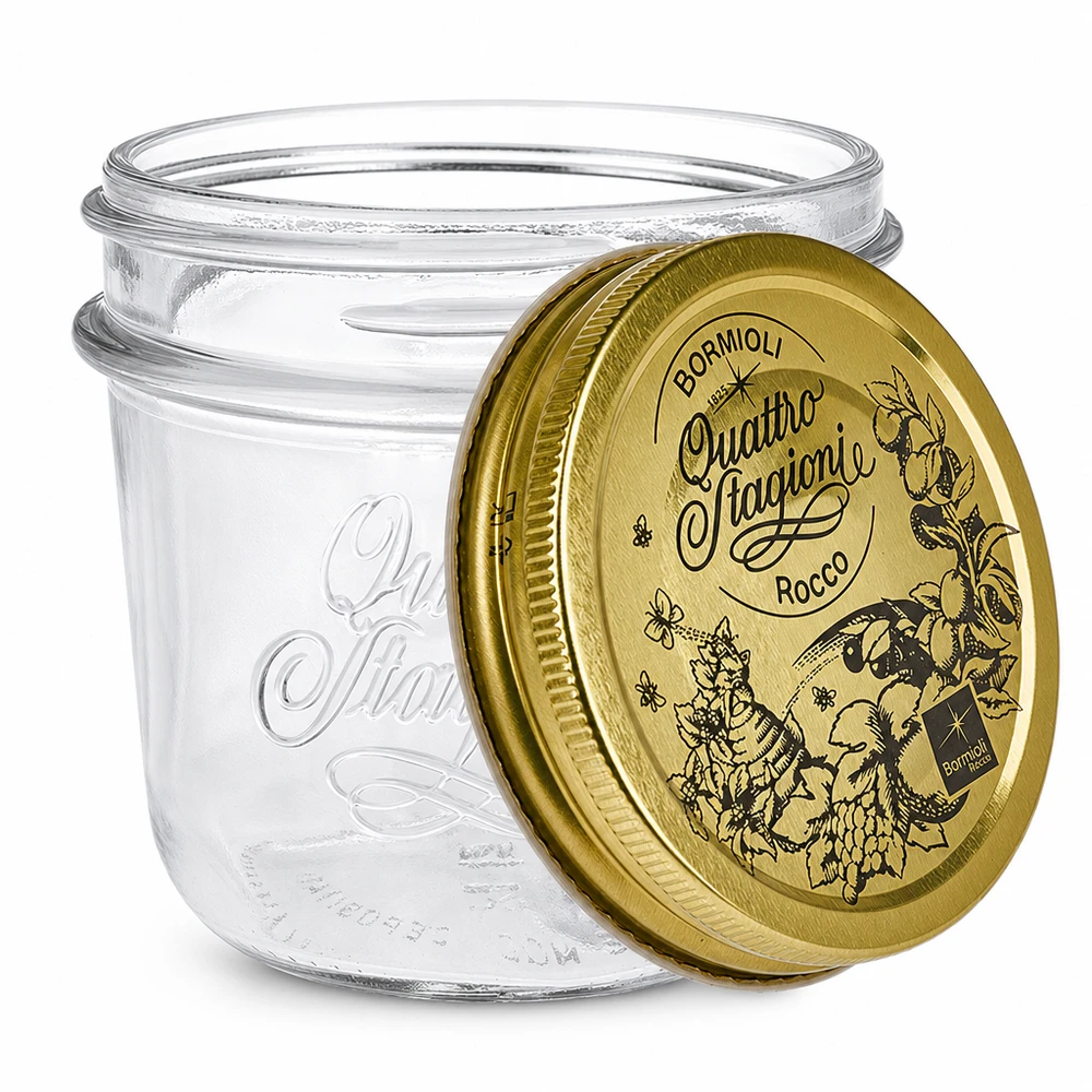 200ml Sturzglas Quattro Stagioni mit goldenem Deckel Einmachglas Bormioli Rocco transparent leer