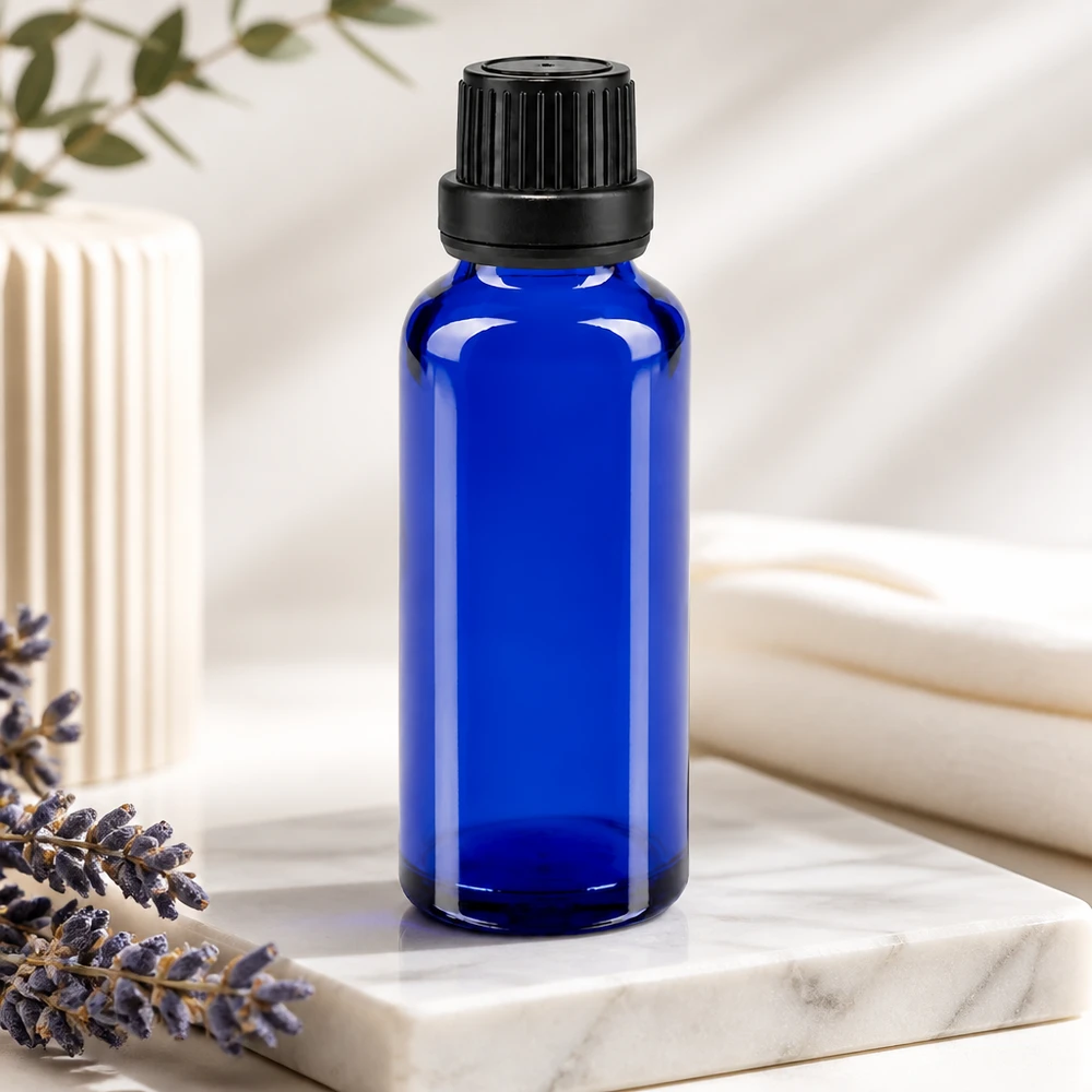 Apothekenflasche blau 30ml Tropfverschluss Giessring 2mm schwarz Originalitätsverschluss Blaue Apothekerflasche 30ml mit kindersicherem schwarzen Deckel für Duftöle und Essenzen