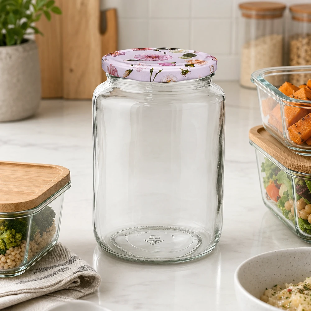 795ml Rundglas leer mit rosa Blumendeckel BasicSeal zwischen gefüllten Vorratsbehältern auf weißer Küchenarbeitsplatte